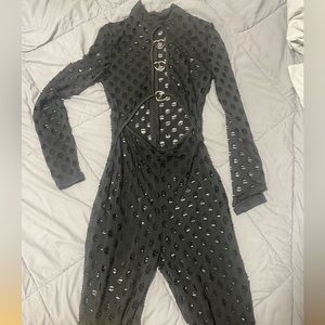 Mesh bodysuit with hear closure.